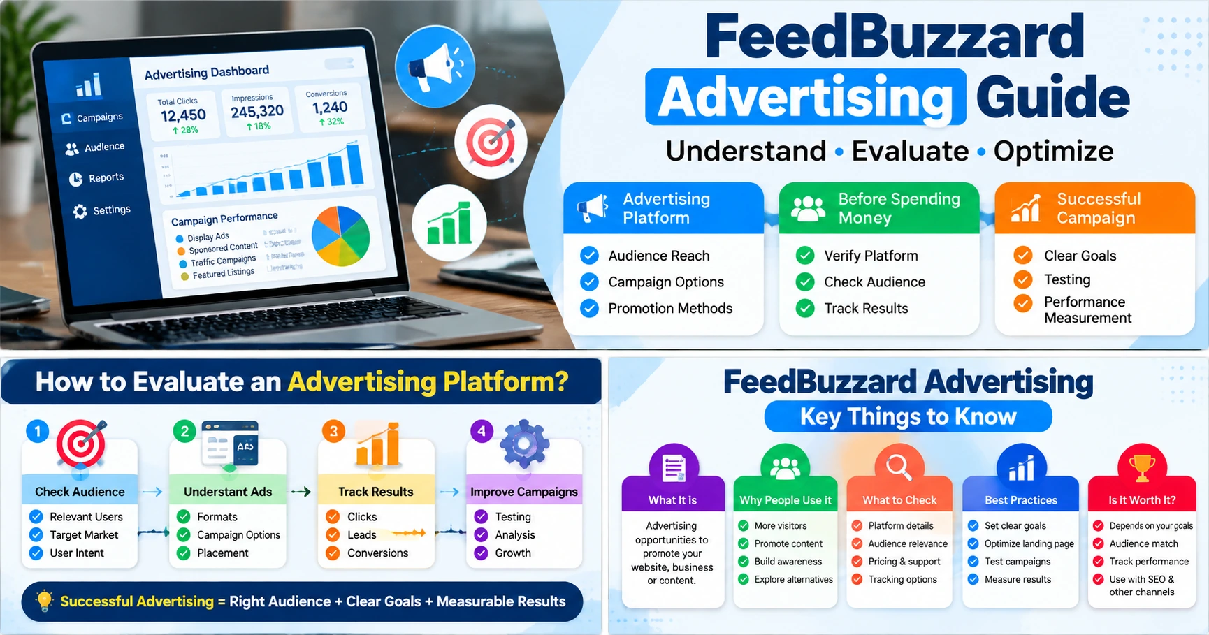 FeedBuzzard Advertising guide showing advertising platform evaluation, campaign goals, audience analysis, tracking results, and best practices
