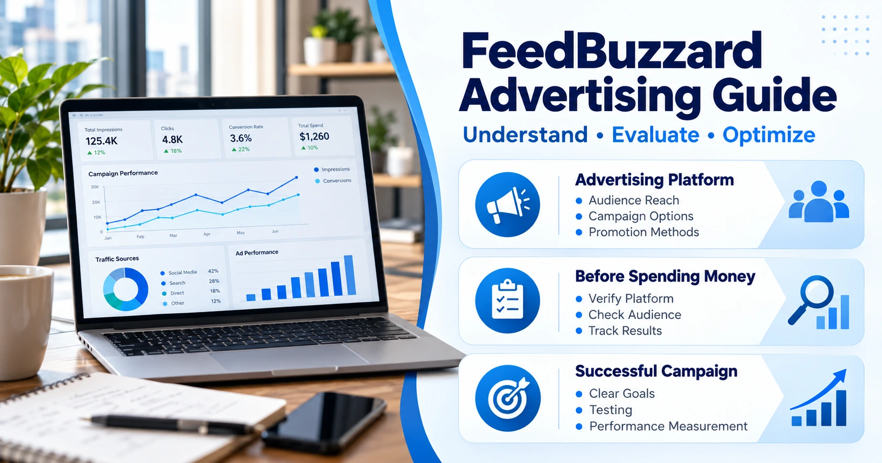 FeedBuzzard Advertising guide showing campaign evaluation, audience targeting, and advertising strategy tips