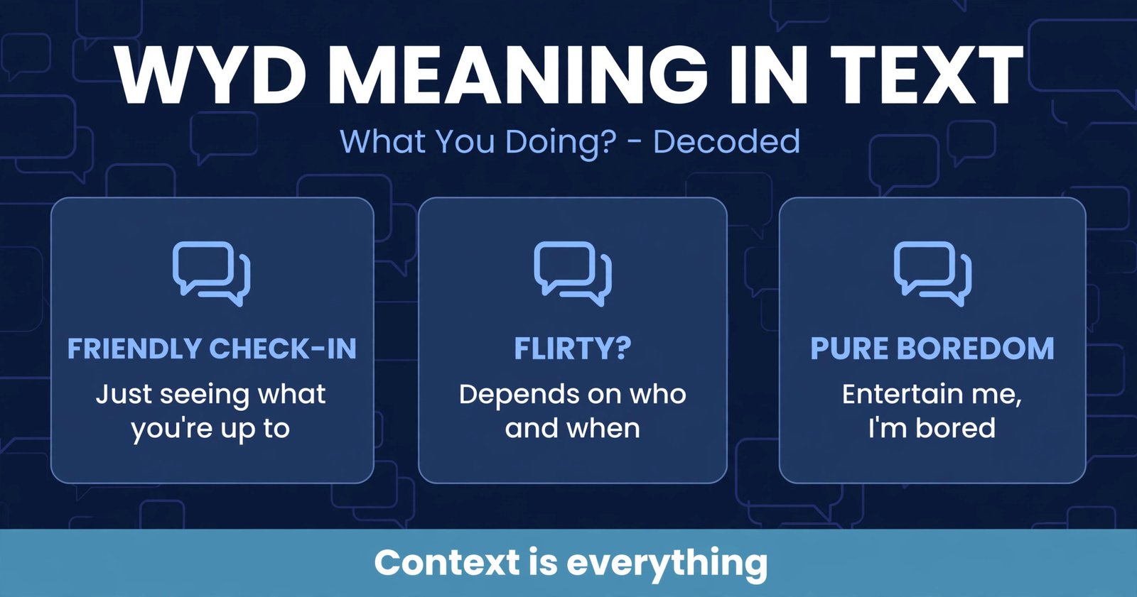 WYD meaning in text infographic showing the three common intents behind wyd: friendly check-in, flirty, and boredom
