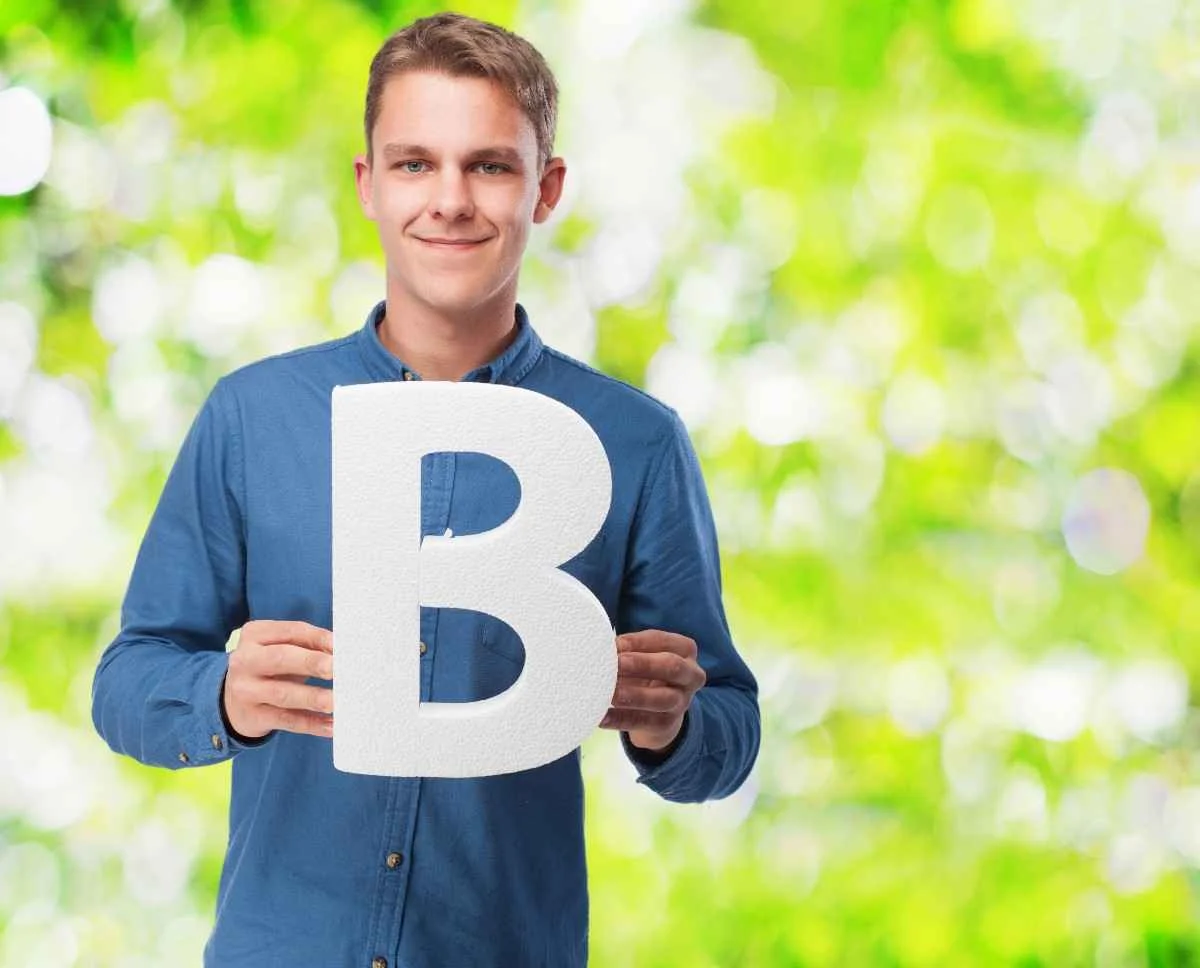 A man holding the letter "B" with a smile, representing educational learning and B Acronyms like Bachelor of Arts, Bachelor of Science, and Bachelor of Education. B Acronyms and Abbreviations