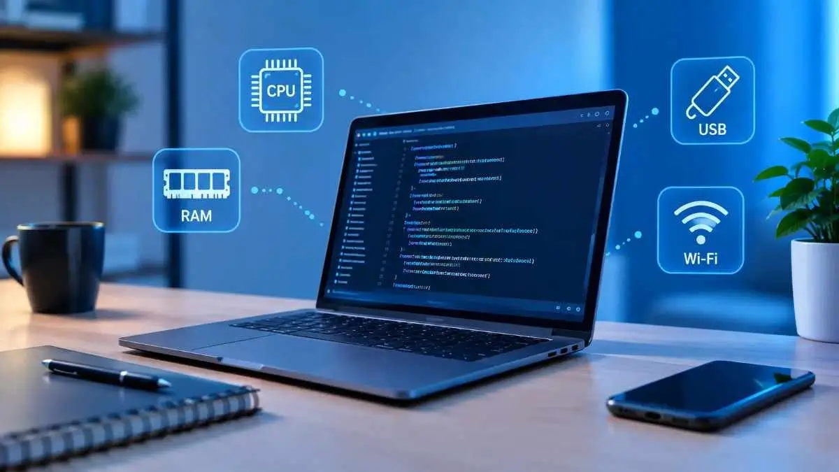 Computer abbreviations shown with a laptop, code, CPU, RAM, USB, and Wi-Fi icons