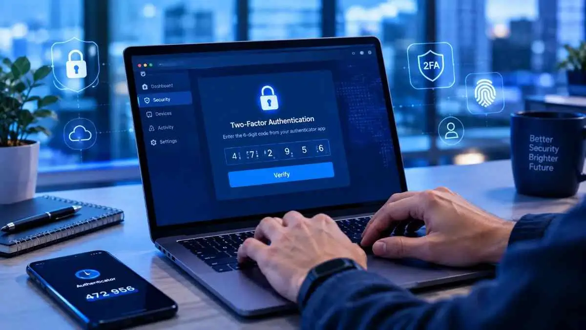 Computer abbreviations for cybersecurity with laptop, 2FA, lock, and authentication icons