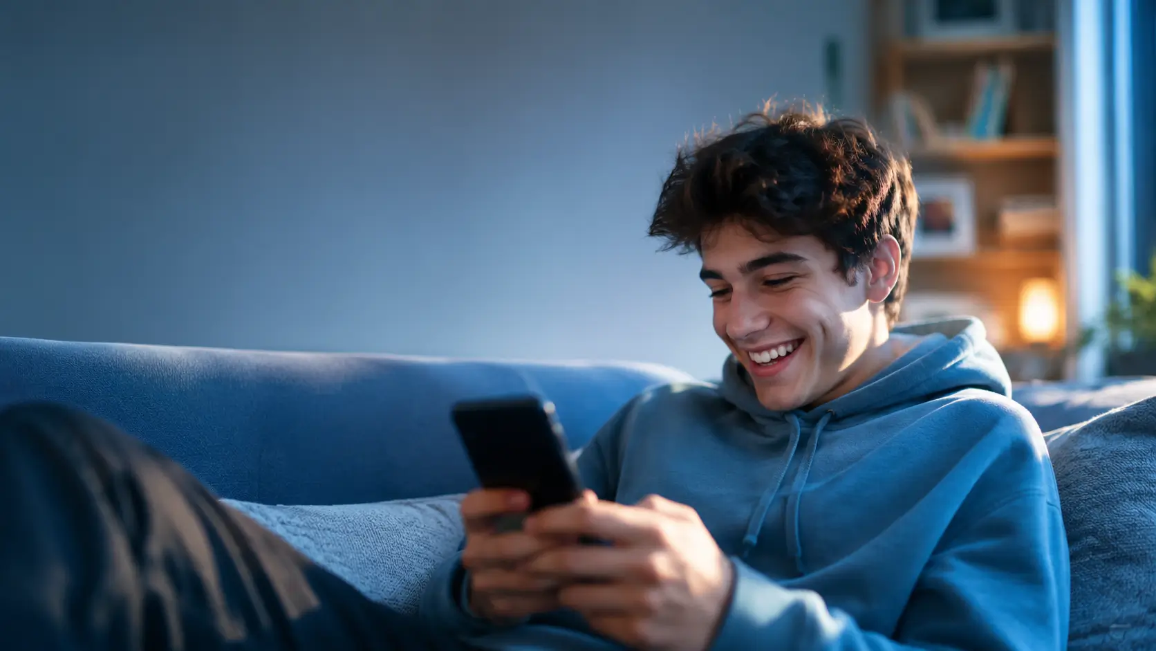 Viral Social Media Slang explained through a young adult laughing while using a smartphone