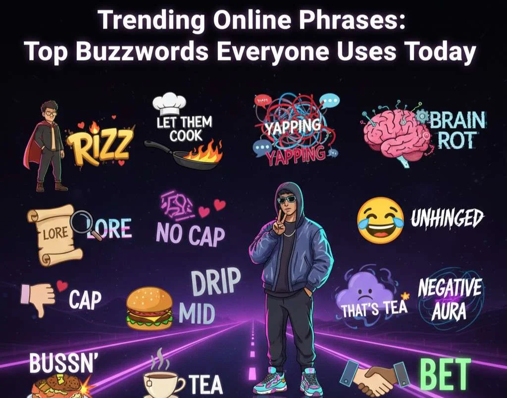Colorful illustrations depicting the meaning of various Trending Online Phrases, including 'Rizz' and 'Drip,' emphasizing the most popular Top Buzzwords.
