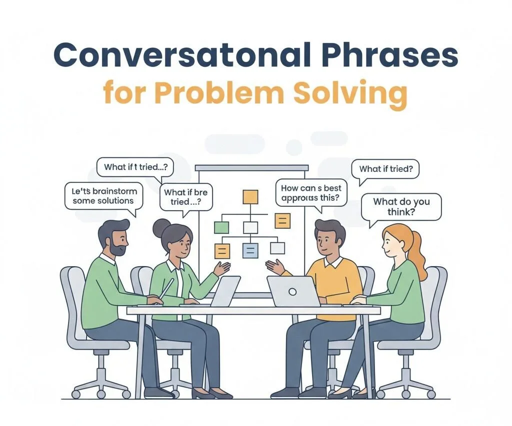 People using Useful English Conversation Phrases in a meeting setting to brainstorm and solve problems, representing effective workplace communication.