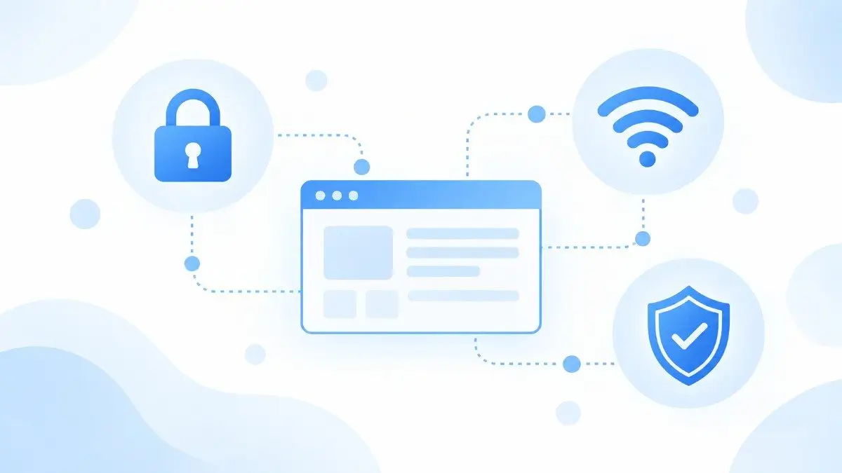 Common IT abbreviations for internet and security — padlock, Wi-Fi, and shield icons