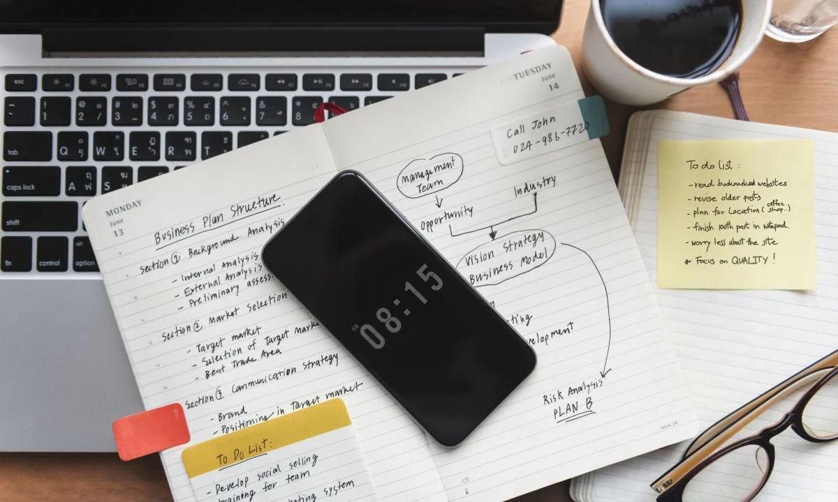 Notebook with business plan notes and Chat Abbreviations study ideas