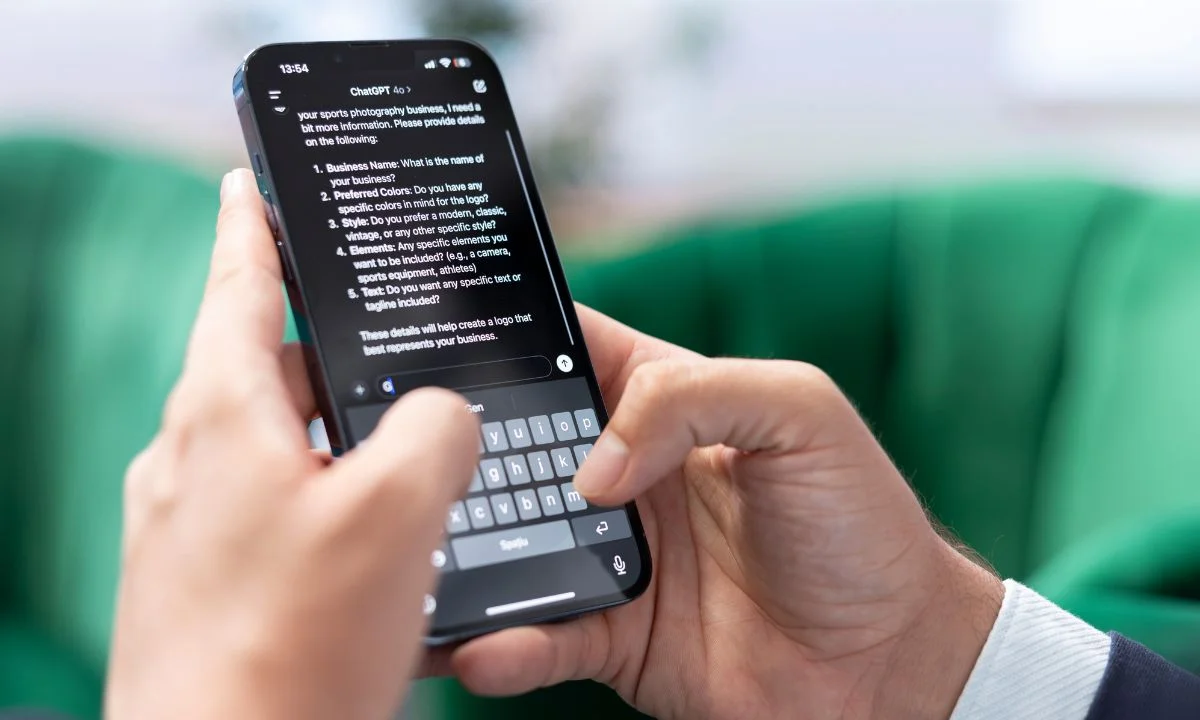 Person typing and reading SMS short forms on smartphone chat screen.