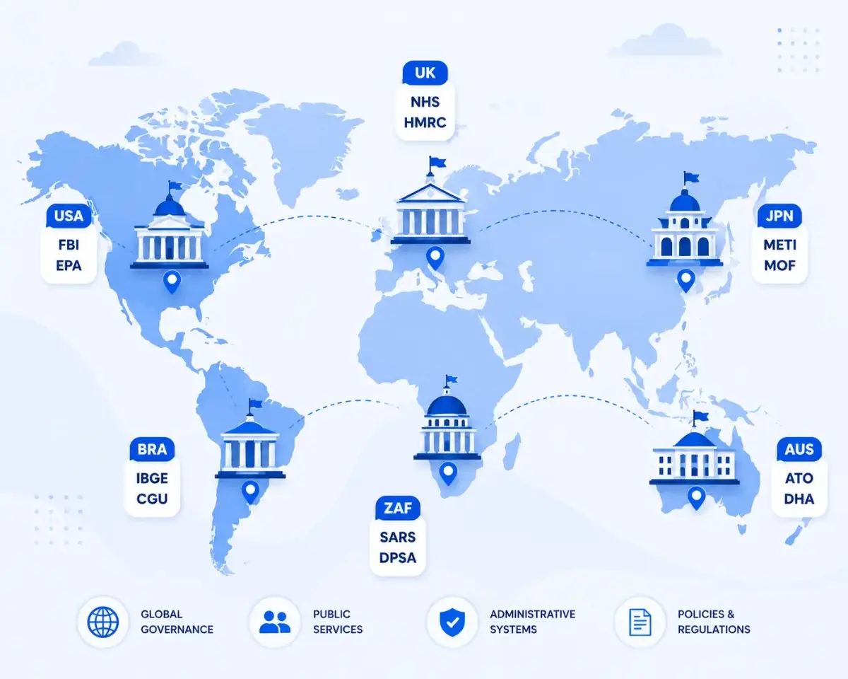 Public Administration Abbreviations used across countries shown on a global government map