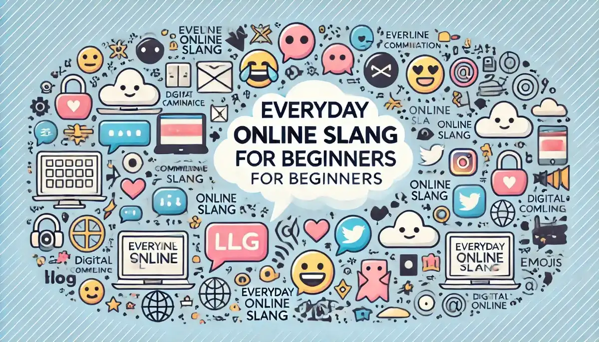 A colorful digital illustration filled with emojis, chat icons, social media symbols, and cute doodles surrounding the text “Everyday Online Slang for Beginners.”