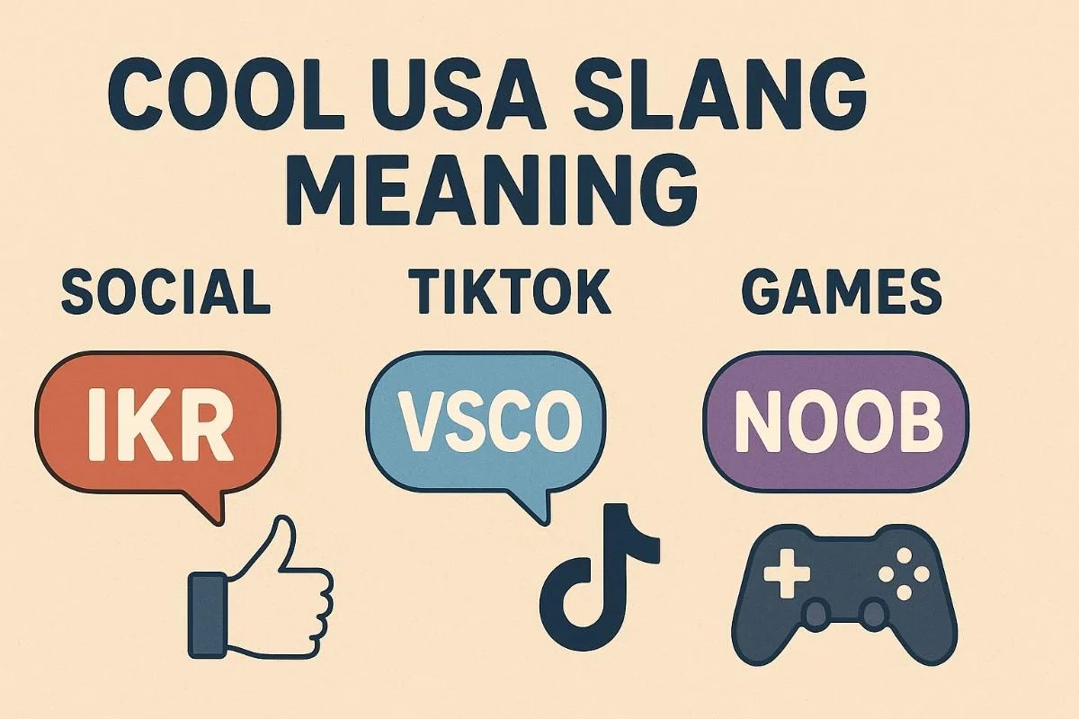 Graphic showing U.S. online slang terms like IKR, VSCO, and NOOB categorized under social media, TikTok, and gaming.