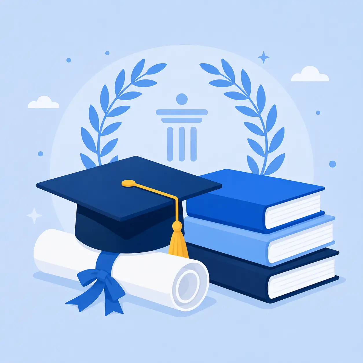 School and College Abbreviations represented by a graduation cap, diploma, books, and laurel wreath