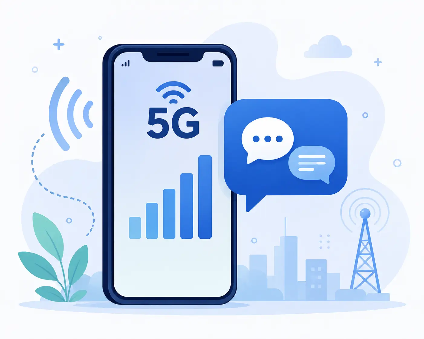 Tech & IT Abbreviations for mobile communication showing 5G, signal bars, and text messaging