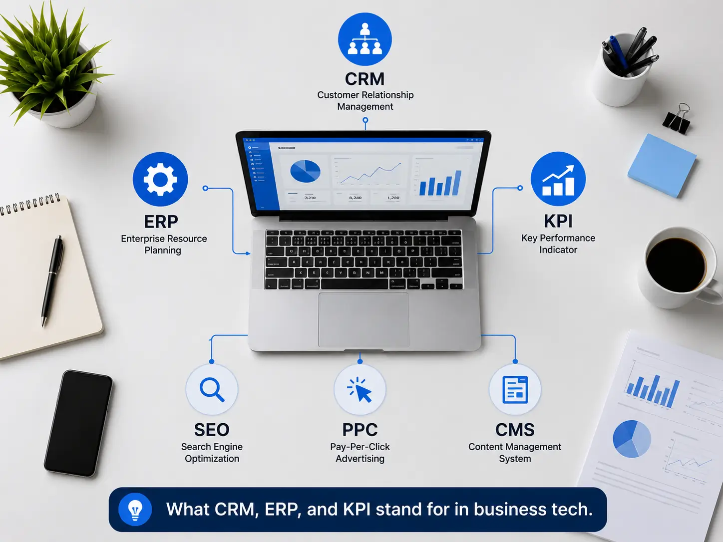 What Does It Stand For? Common business tech abbreviations including CRM, ERP, KPI, SEO, PPC, and CMS