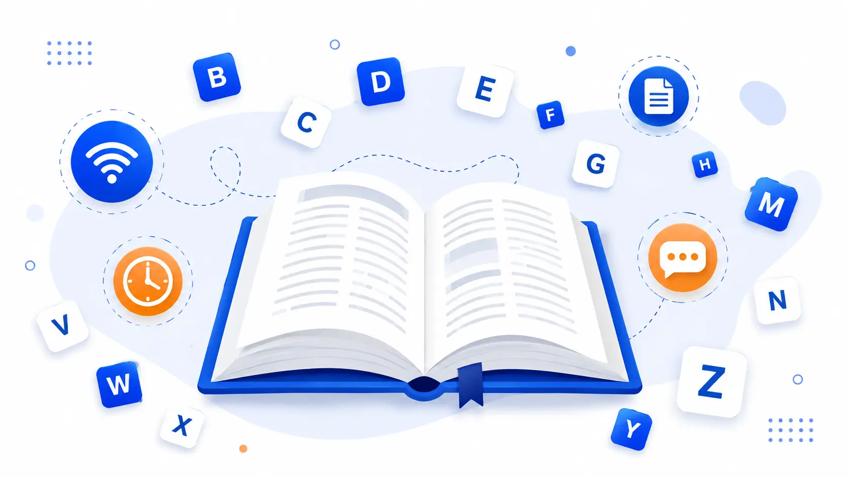 Full Forms A to Z reference book with alphabet letters and abbreviation icons