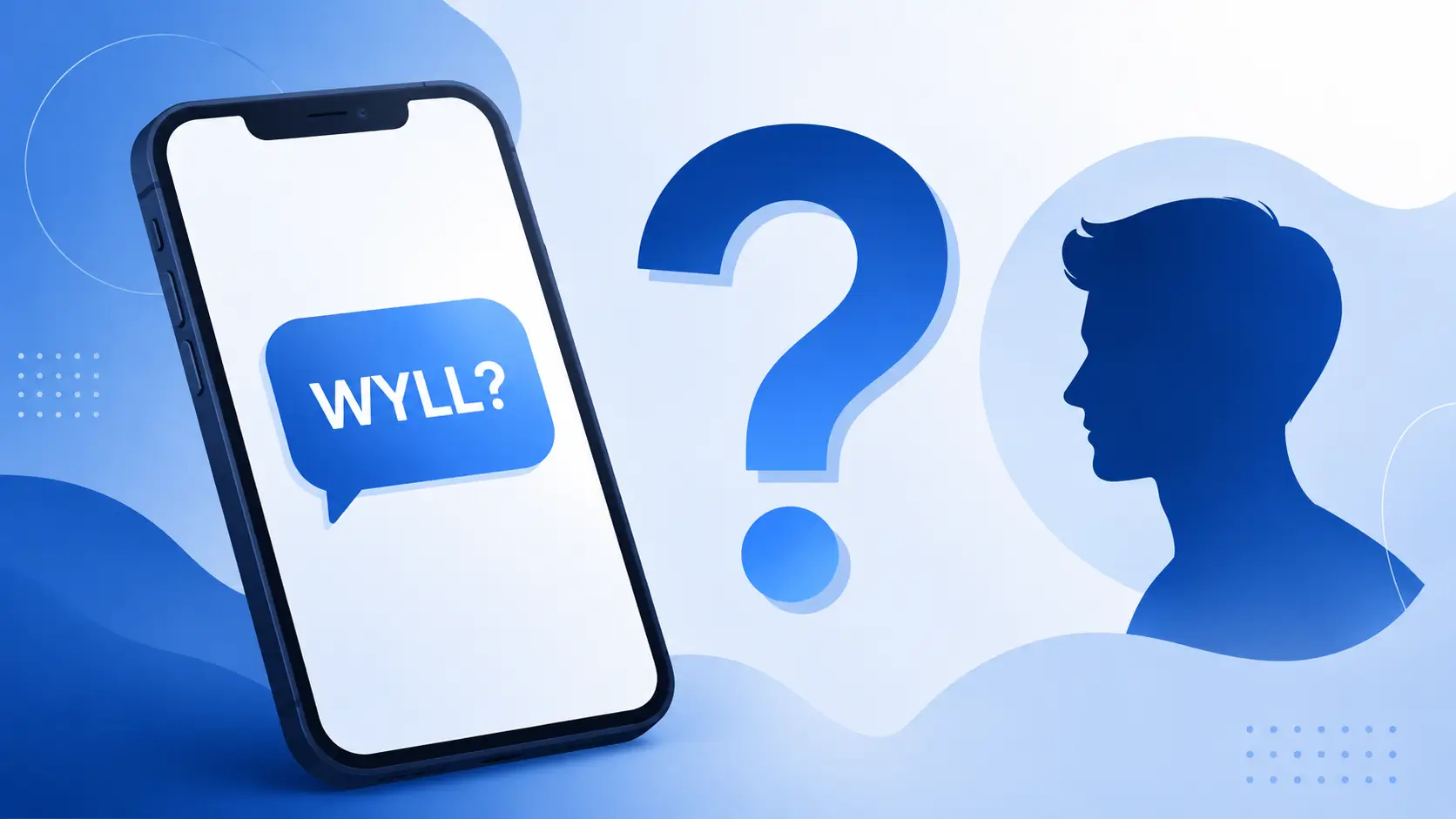 WYLL Meaning in Text illustrated with a smartphone showing "WYLL?" beside a profile silhouette and question mark.
