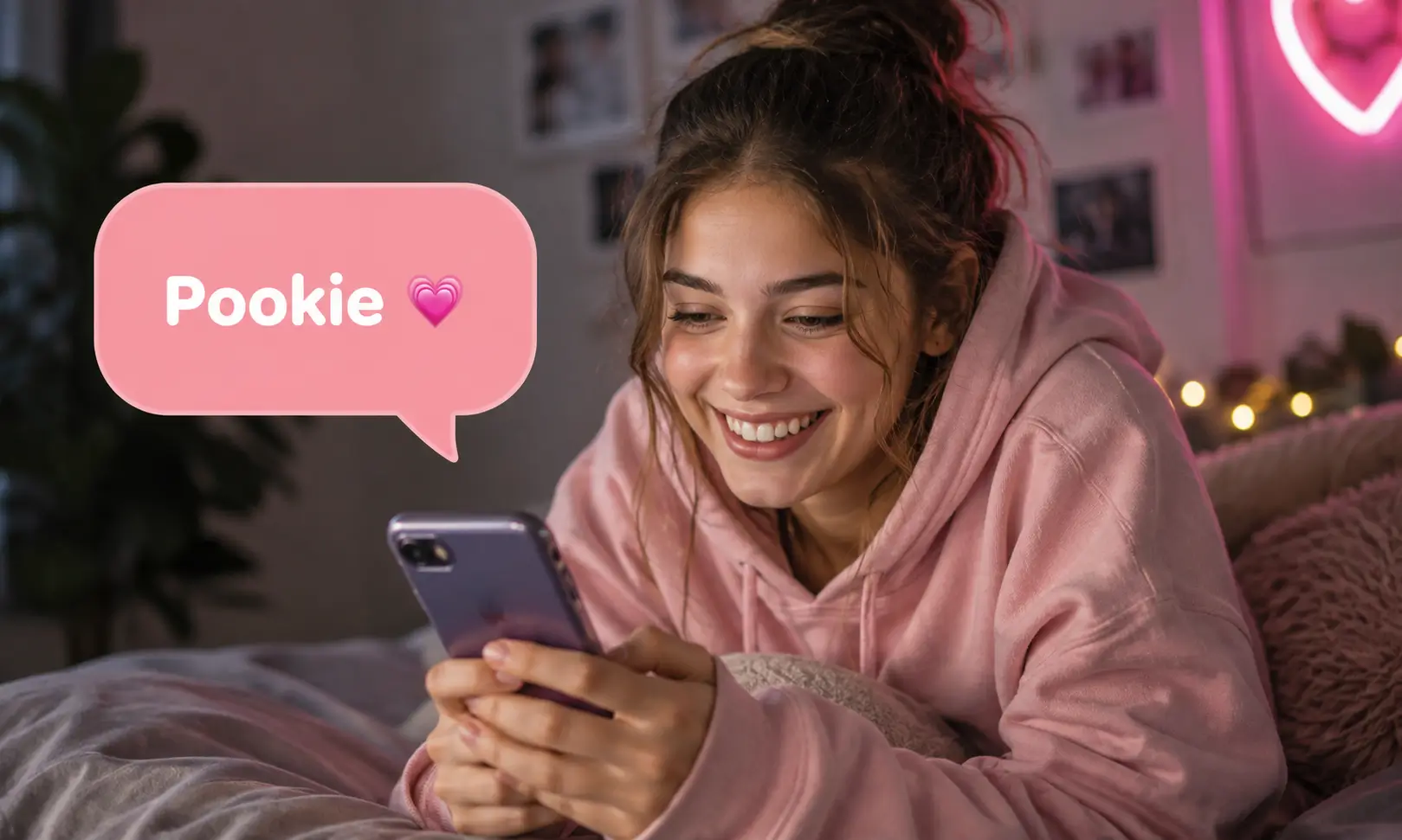 Young woman smiling while reading a text message showing the Pookie Meaning on her smartphone.