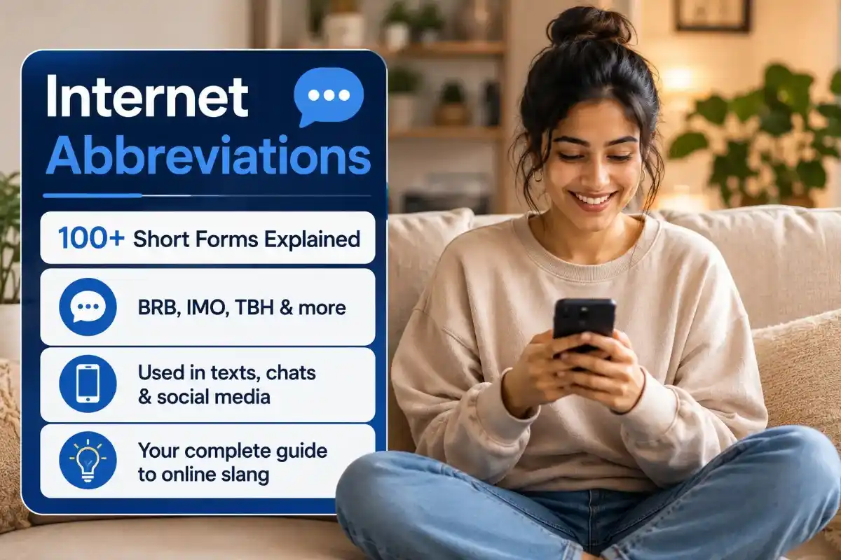 Young woman texting on her phone with an Internet Abbreviations infographic showing 100+ short forms explained.