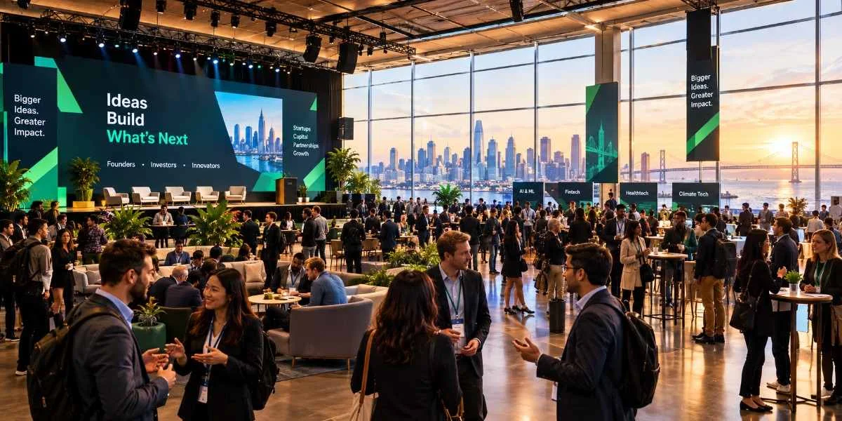 TechCrunch Disrupt 2026 conference hall with founders and investors networking