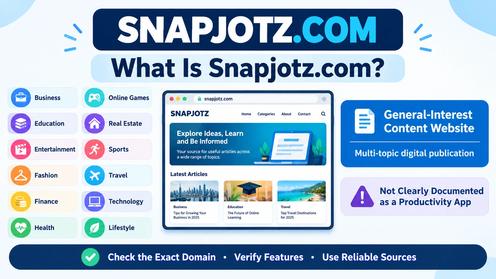 Snapjotz com overview showing its multi-topic content categories and website purpose