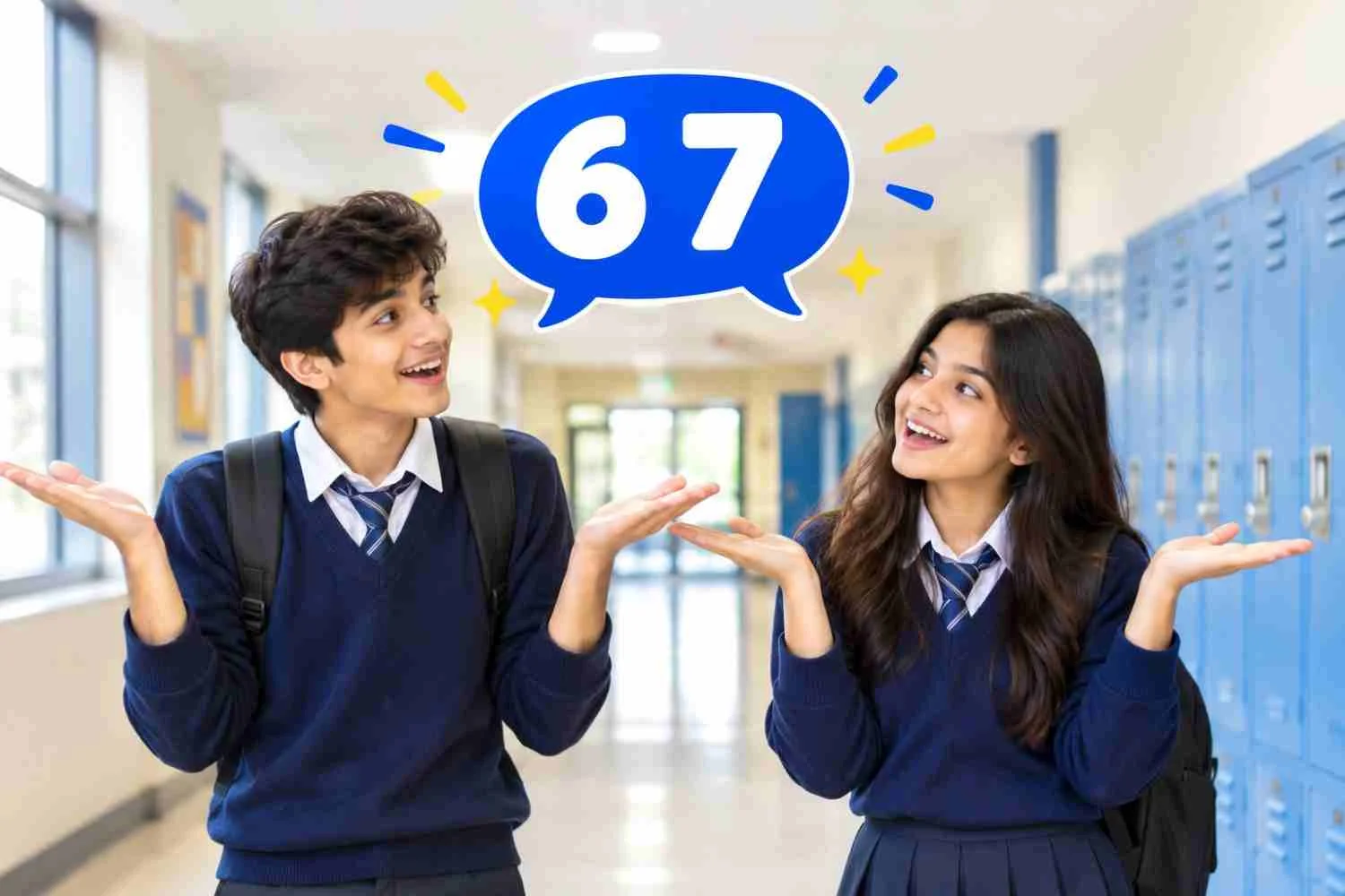 67 Meaning: two students comparing six seven with raised palms in a school hallway
