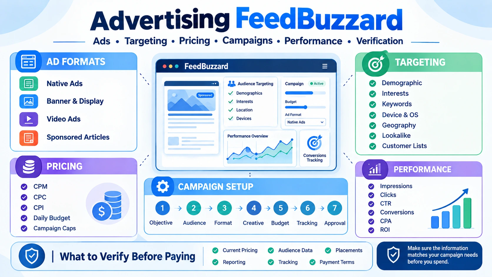 Advertising FeedBuzzard infographic showing ad formats, targeting options, pricing models, campaign setup, performance metrics, and verification steps.