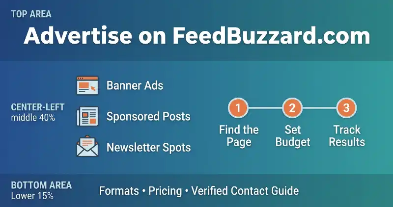 Infographic showing how to advertise on FeedBuzzard.com with banner ads, sponsored posts, and newsletter spots