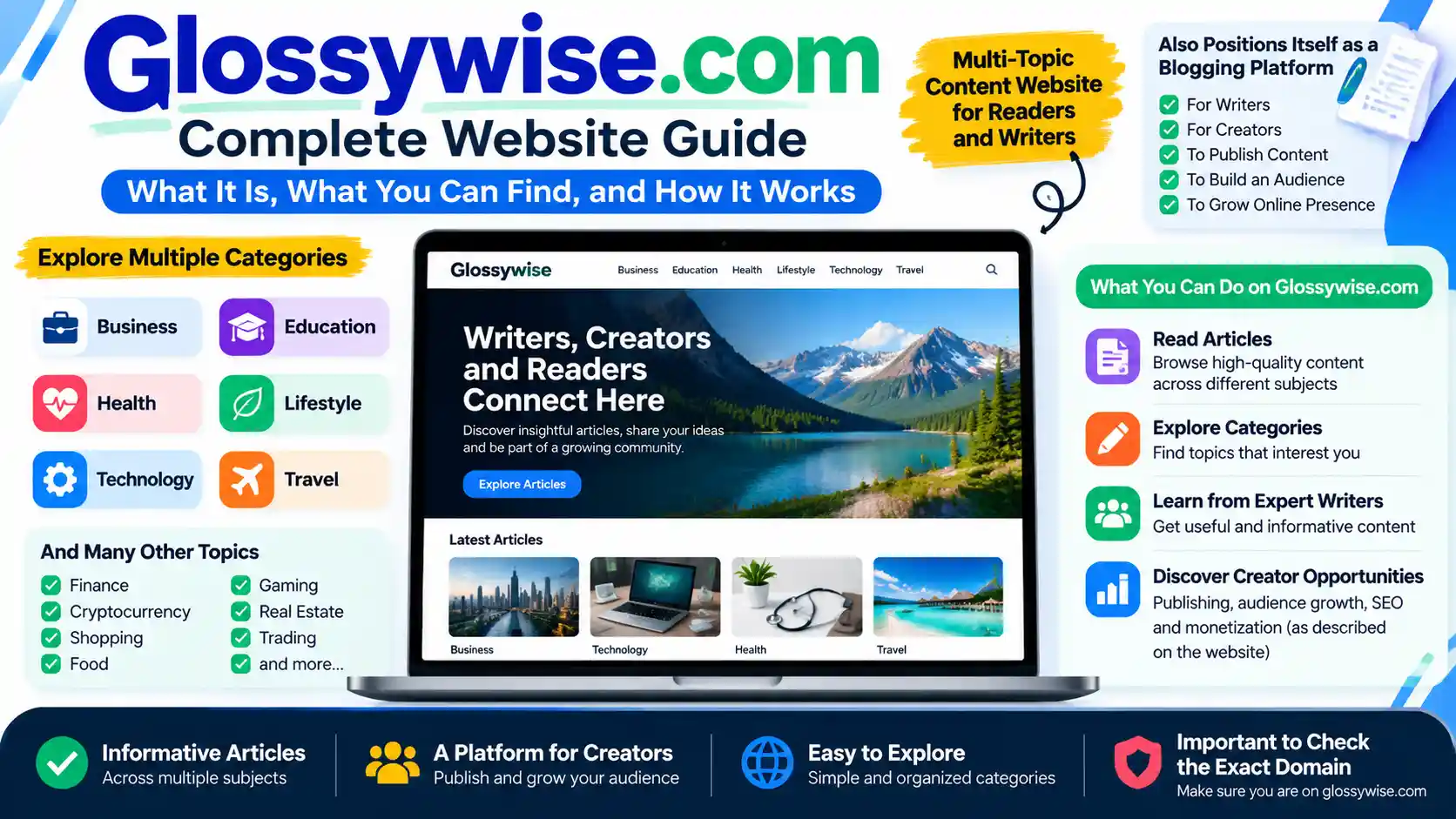 Glossywise com website guide showing categories and publishing platform information