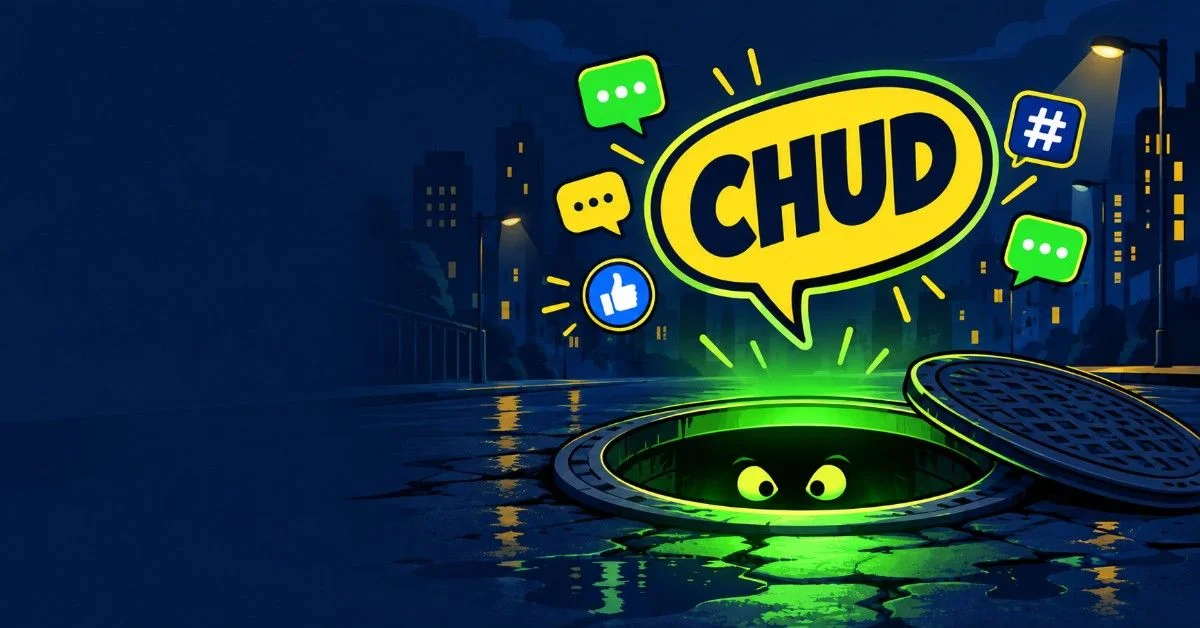 Illustration explaining the chud meaning, showing a glowing manhole and a speech bubble with the word chud