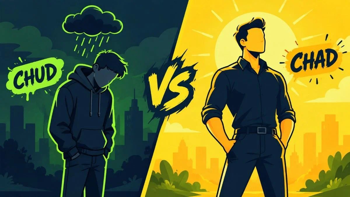 Comparison illustration showing chud vs chad slang meaning