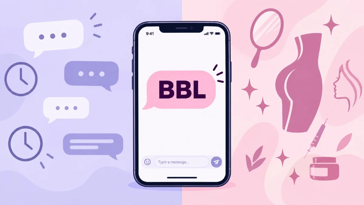 BBL meaning explained - text slang and Brazilian Butt Lift illustration