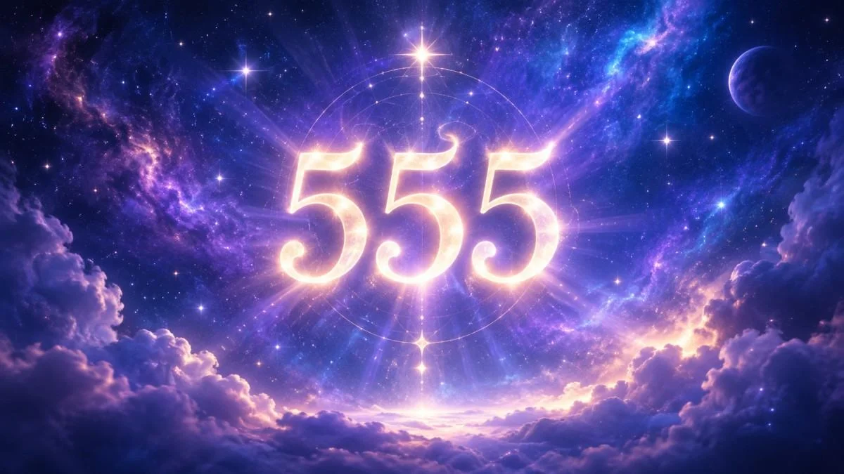 555 meaning symbolized by glowing number in starry night sky