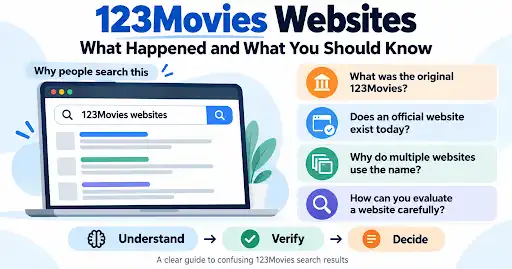 Featured image explaining 123Movies websites, including the original service, official website status, multiple similar websites, and trust evaluation.
