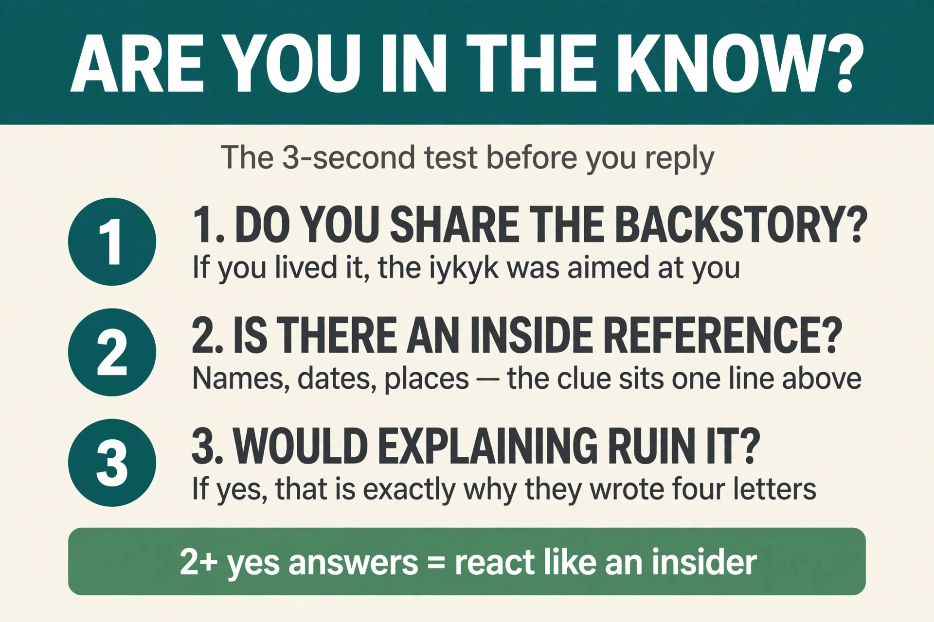Three-question test infographic for figuring out if an IYKYK was aimed at you