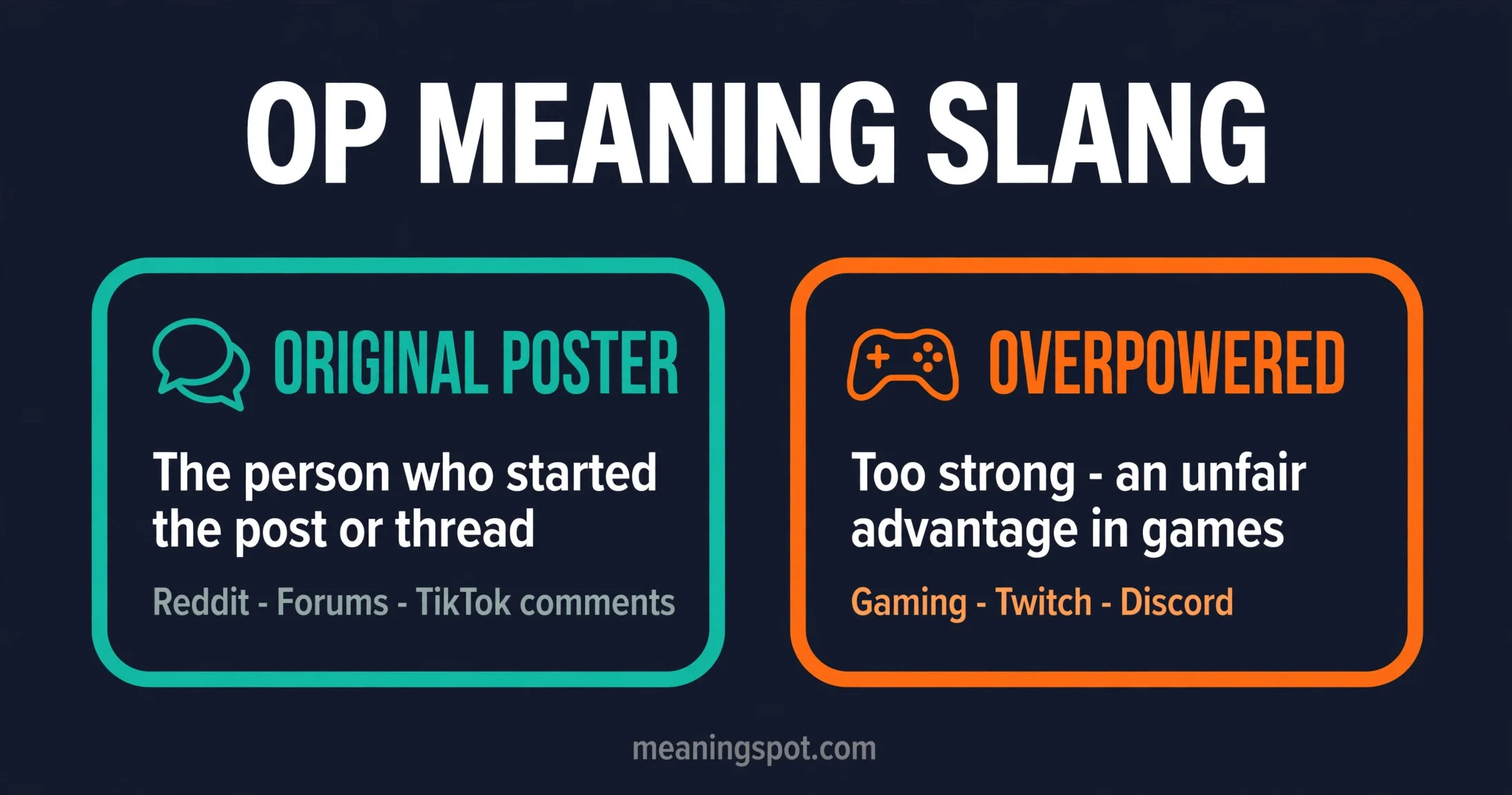 OP meaning slang infographic: original poster vs overpowered explained
