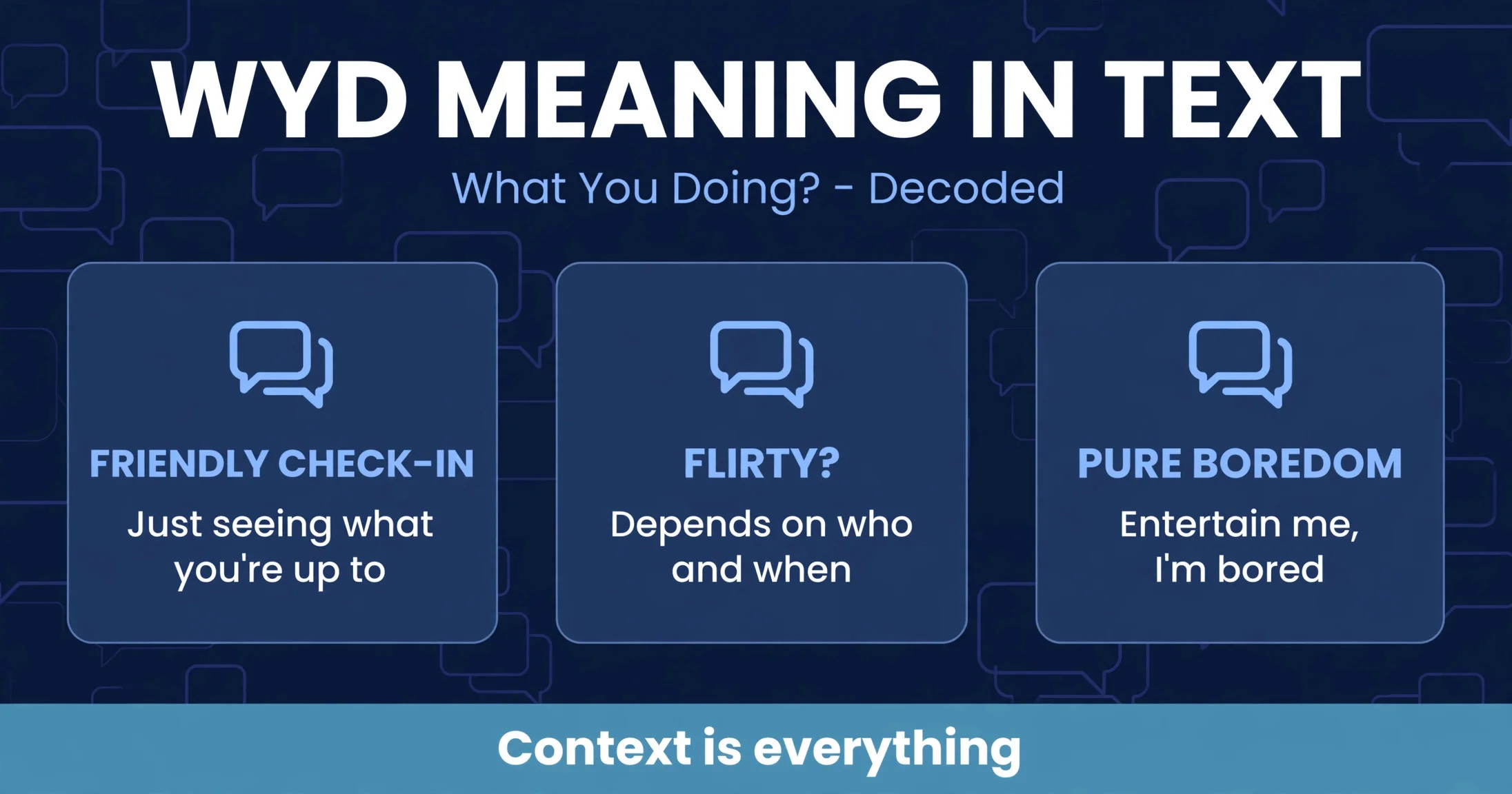 WYD meaning in text infographic showing the three common intents behind wyd: friendly check-in, flirty, and boredom
